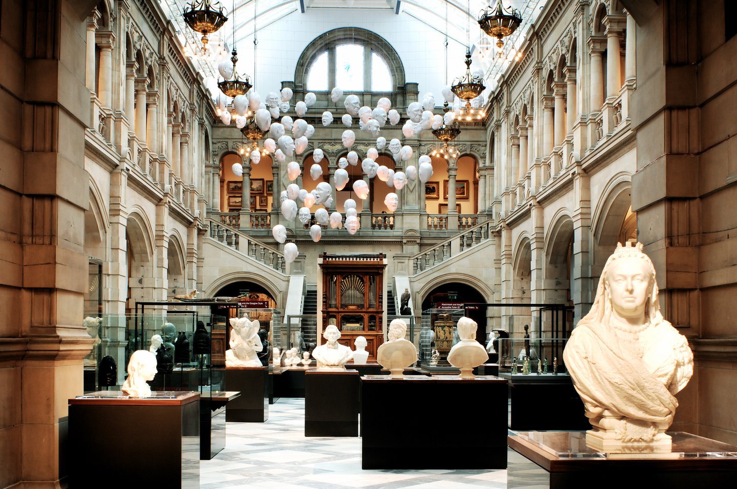 Sculptures and busts and ceiling art installation on display at the Kelvingrove, in the hall space