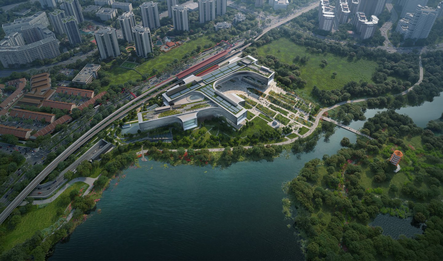 Architects visual showing the new Science Centre Singapore building looking out onto the lake